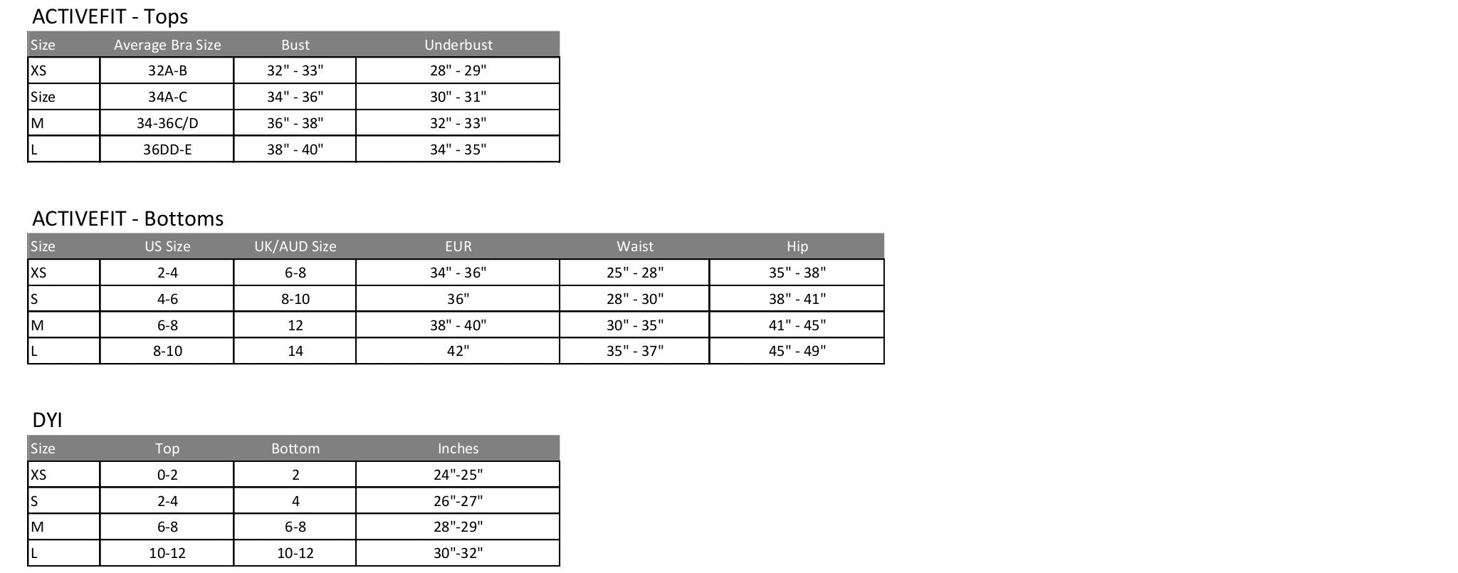 Size Charts