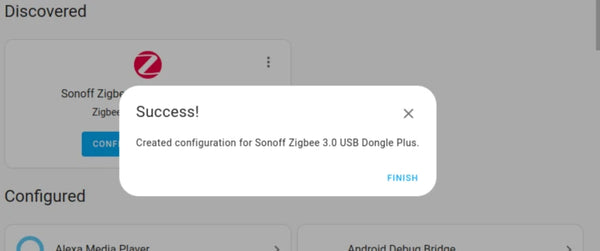 ZHA Zigbee Home Automation configured successfully in Home Assistant