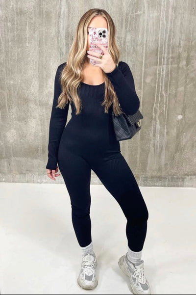 Grey Long sleeve ribbed bodycon jumpsuit – Looking Good Boutique