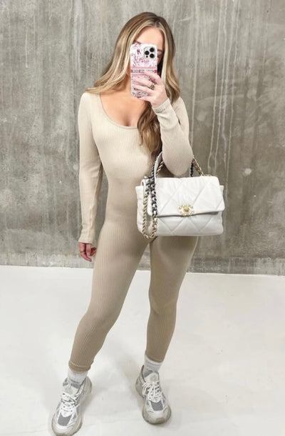 Brown Long sleeve ribbed bodycon jumpsuit – Looking Good Boutique