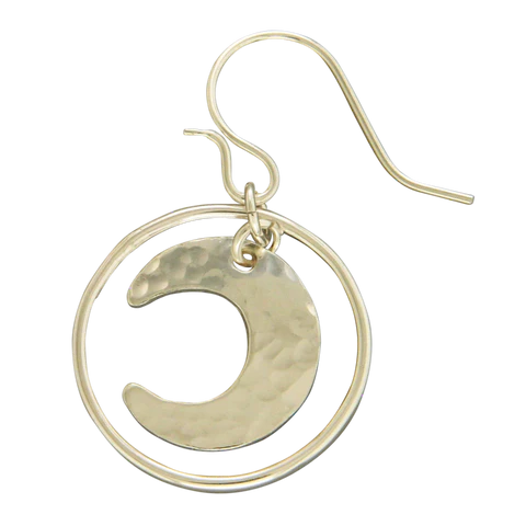 Crescent moon in wire circle dangle earrings, sterling silver or mixed gold and silver