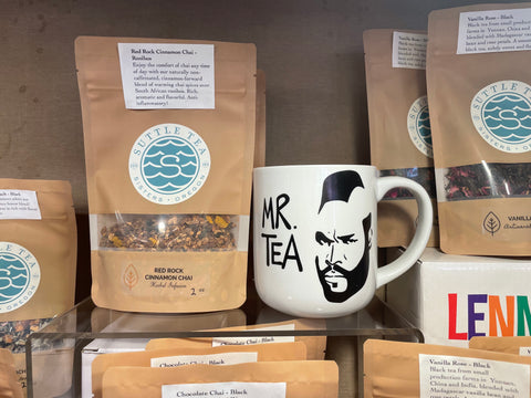 Bags of tea blends and Mr Tea mug