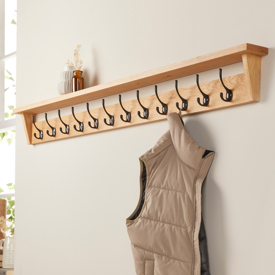 Solid Oak Coat Rack with Storage Shelf | Handmade Wooden Coat Hooks ...