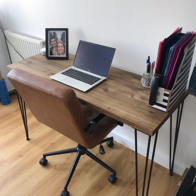 Industrial Computer Desk With A Solid Wood Top & Hairpin Legs