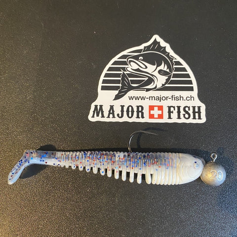 Gummifisch skeleton Shad 5" und Major Fish Connector Jighead aufgezogen