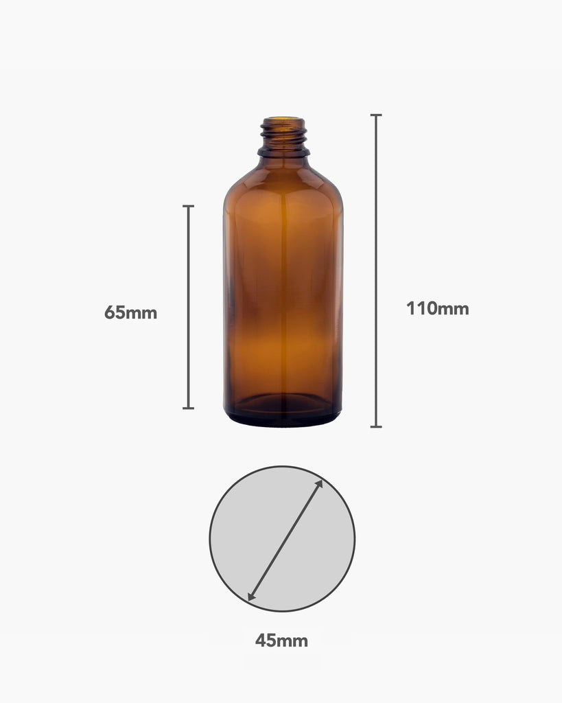 Measurement Figures Of 100ml Glass Amber Bottle Without Lid On White Background | Brightpack Glass Packaging