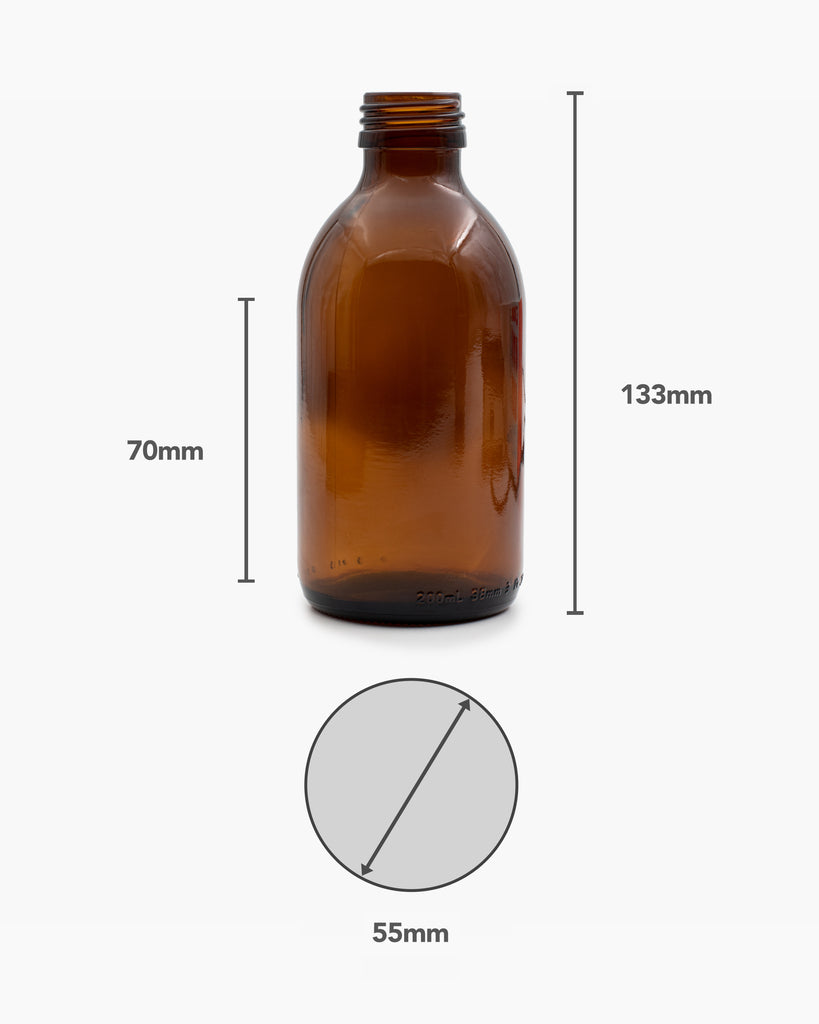 Measurement Figures Of 200ml Glass Amber Bottle Without Lid On White Background | Brightpack Glass Packaging