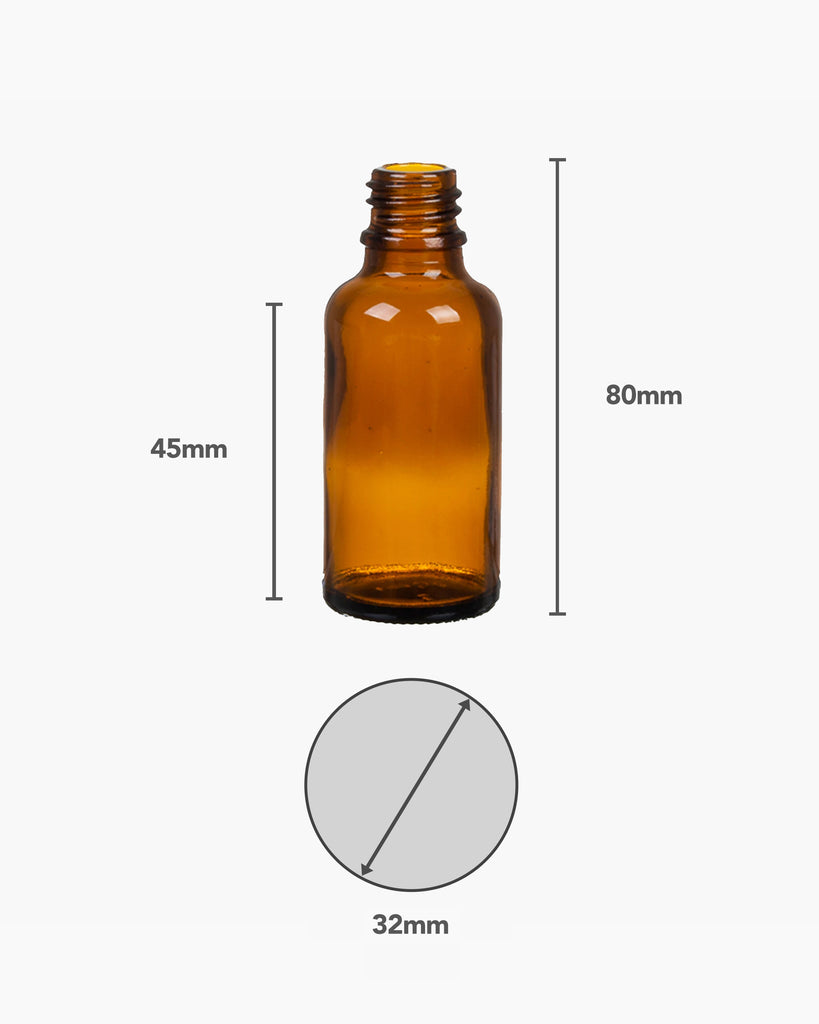 Measurement Figures Of 30ml Glass Amber Bottle Without Lid On White Background | Brightpack Glass Packaging