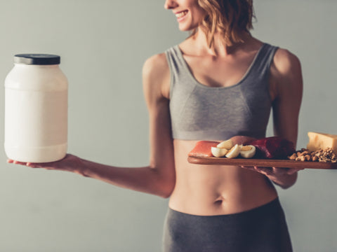 fitness lady holding high quality Macronutrients for building strength