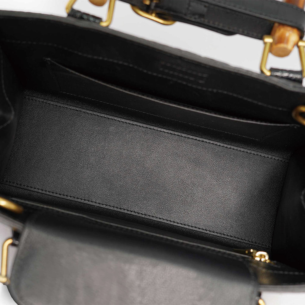 กระเป๋าถือกระเป๋าสะพายหนังจระเข้พร้อมหูหิ้วไม้ไผ่ – สีดำ - ขนาดใหญ่- จอแสดงผล -3- MSN