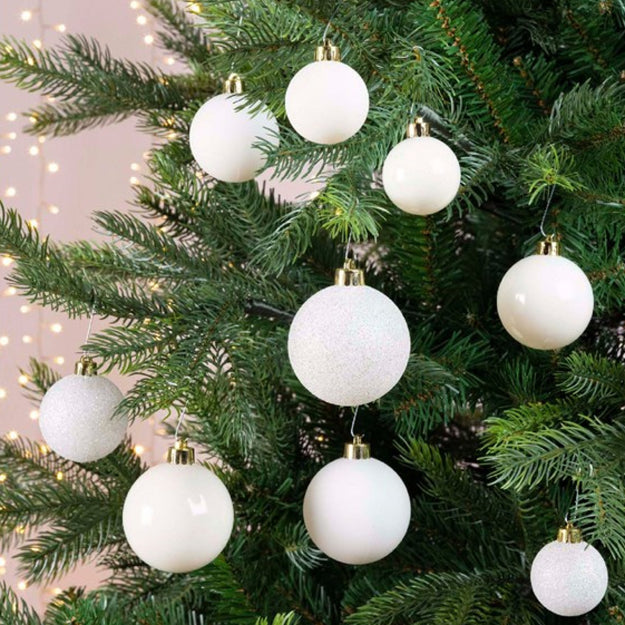 Set of 30 White Mixed Size Christmas Tree Baubles