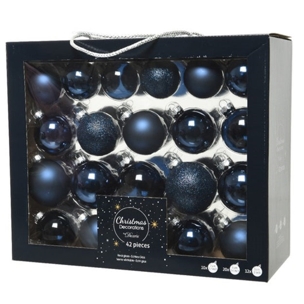 Luxury Box of 42 Mixed Night Blue Glass Bauble Tree Decorations