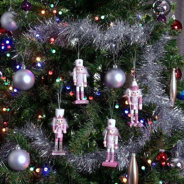 Set of 4 Wooden Pink and White Glitter Nutcracker Christmas Tree Decorations