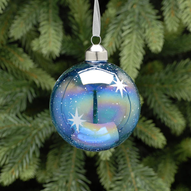 Iridescent Blue Glass Christmas Tree Bauble with White Stars