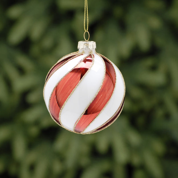 Red and White Swirls Glass Christmas Tree Bauble