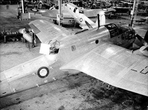 Production of RAAF Bristol Beaufort Mk.VII or VIII (note ASV Radar array on rear fuselage, and small blue/white Pacific Theatre roundels) torpedo bombers at the Department of Aircraft Production (DAP) plant in Fisherman's Bend, Melbourne (Australia), circa 1943/1944.