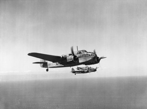 Bristol Beaufort planes (No.39 Squadron RAF) flying in formation over the Mediterranean Sea circa 1942.