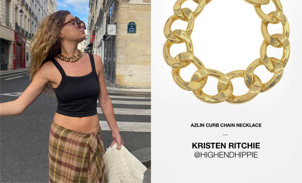 @highendhippie Kristen Ritchie in our SAINT MORAN gold azlin extra wide flat curb chain necklace