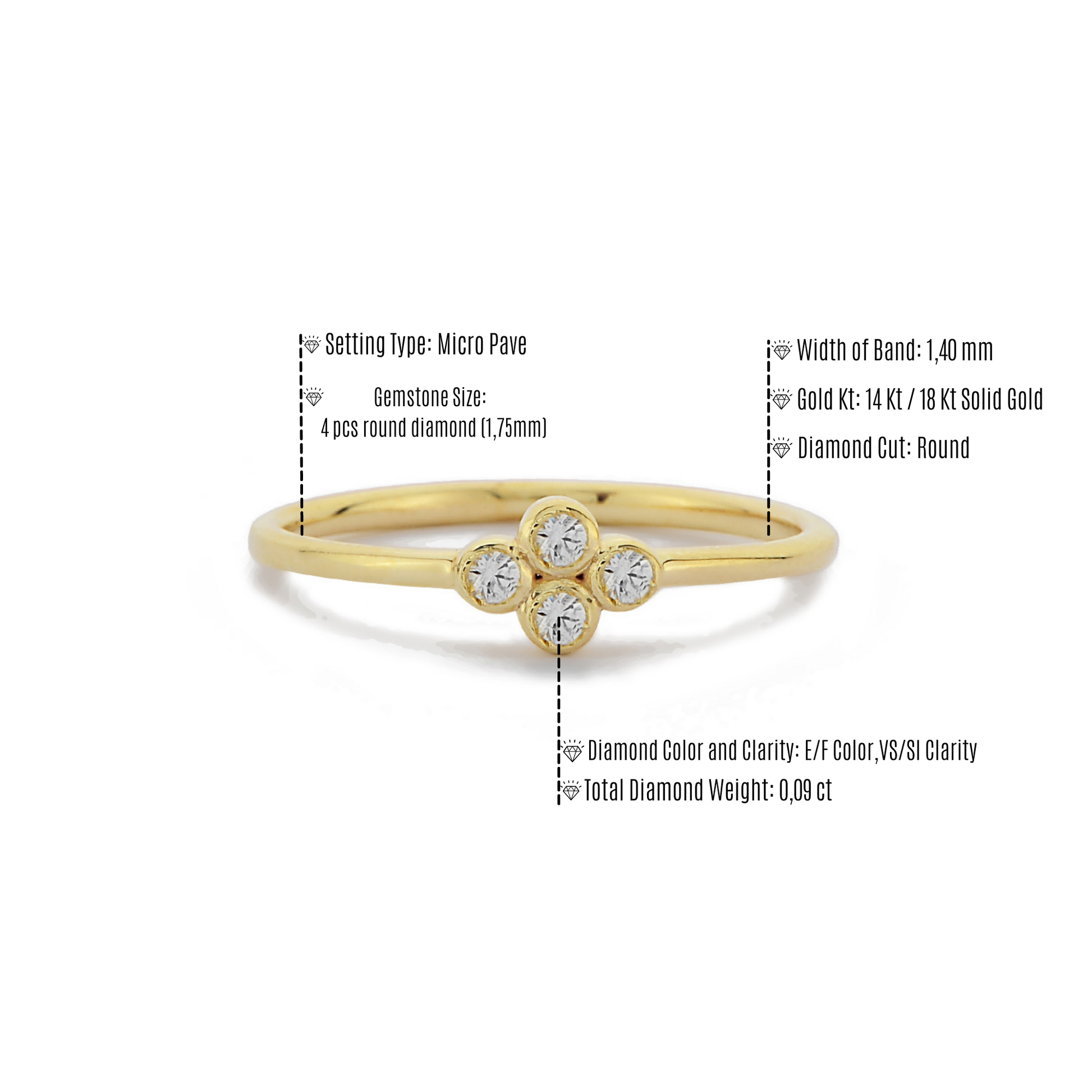 Intrekking bloemblad Bloody Vier Steen Wit Diamanten Ring Trouwring, Handgemaakte Zwarte Diamant S –  2bs jewelry