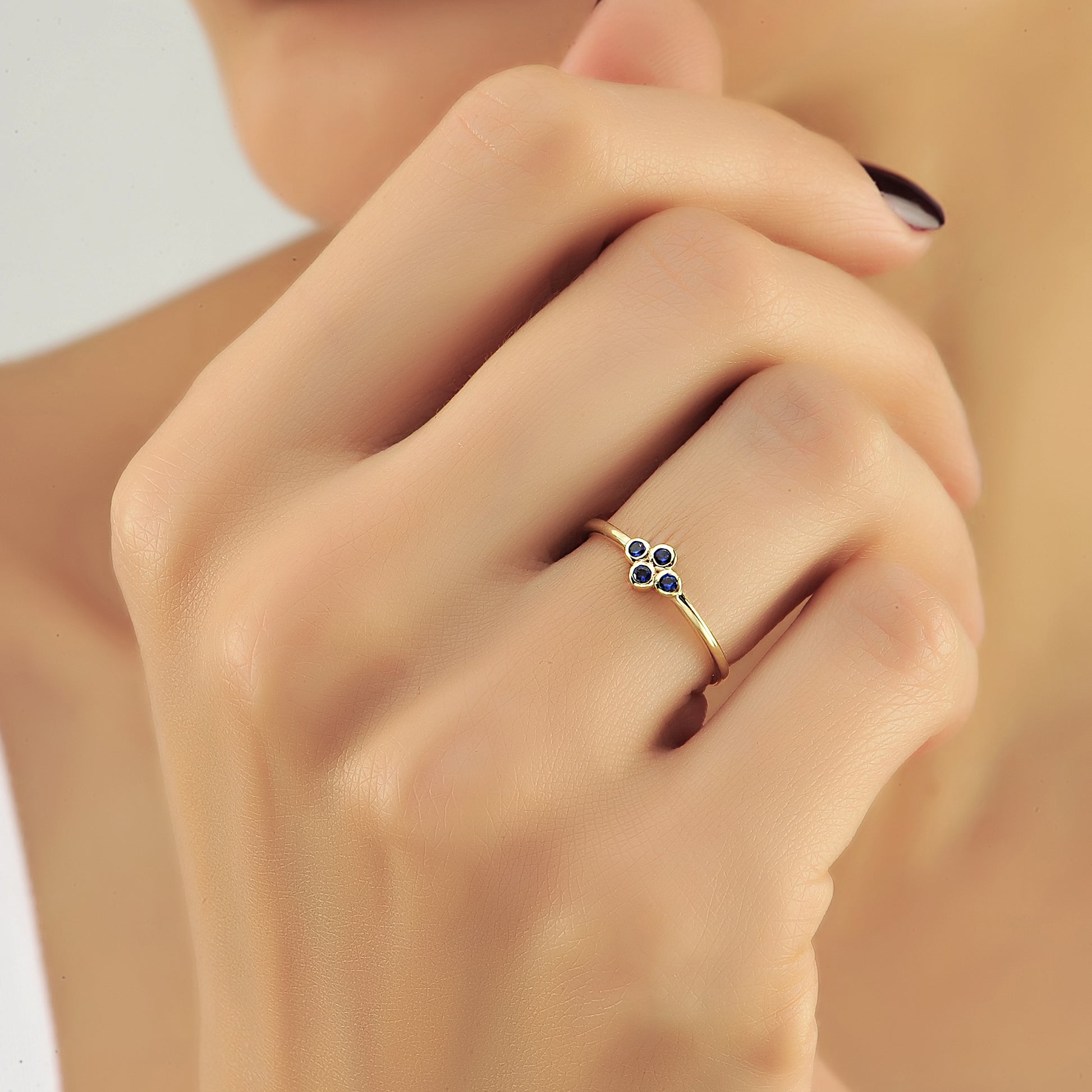 Vier Blauwe Saffier Diamanten Ring Trouwring, Handgemaakte Zwart – jewelry