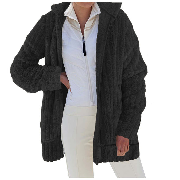 Warm Plush Solid Color Zipper Pocket Hooded Loose Jacket Women
