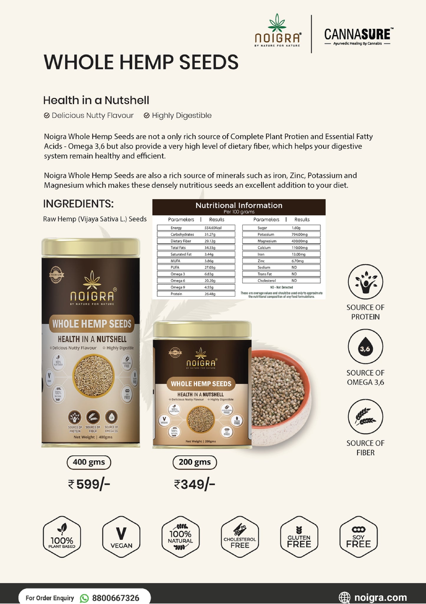 Whole hemp seeds with high protein and fibre only at Noigra.com