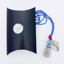 Load image into Gallery viewer, Colorful Old Fashioned Online beads with tassel, pompom and silver amulet charm necklace in pink and blue with gift box
