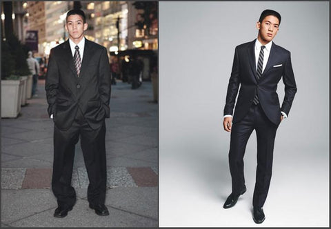 A man in an ill-fitting, baggy suit before and after in a custom tailored suit that fits his body.