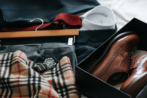 Burberry scarf with brown leather dress shoes and red tie