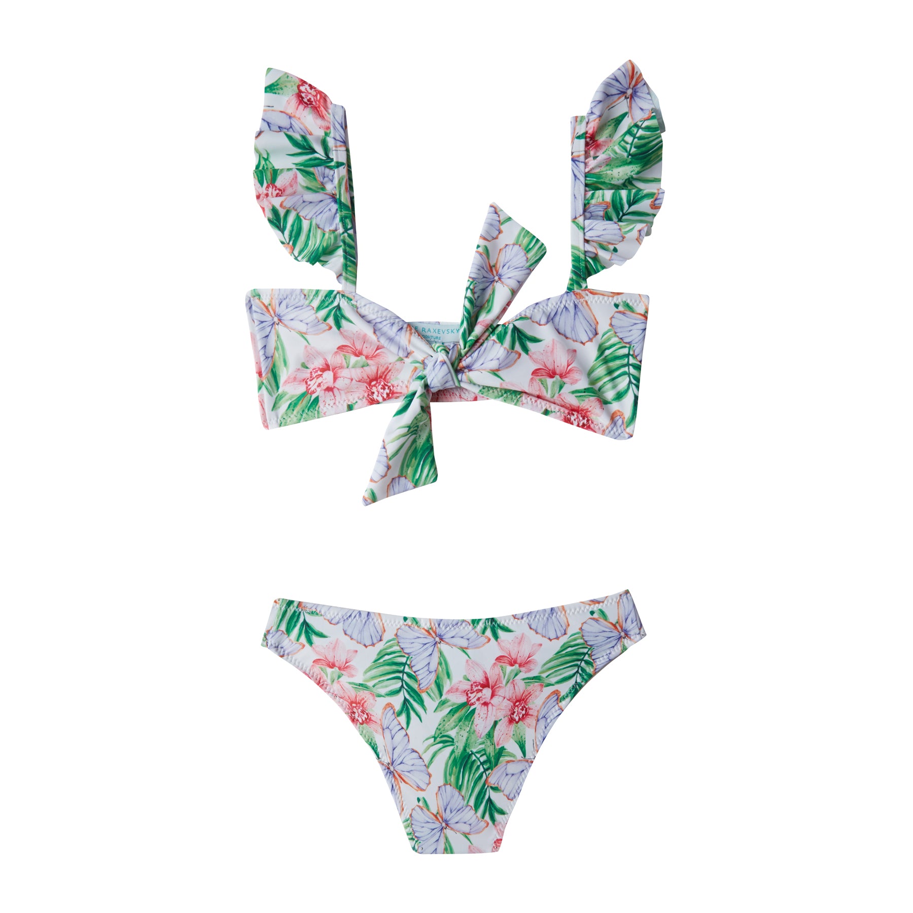 Hibiscus floral print two-piece bikini set for girls with detachable tie  knot/bow detail on front, ruffles on straps and UPF 50+ sun  protection/Marie Raxevsky/Hibiscus Theme/Girls Collection – Marie Raxevsky