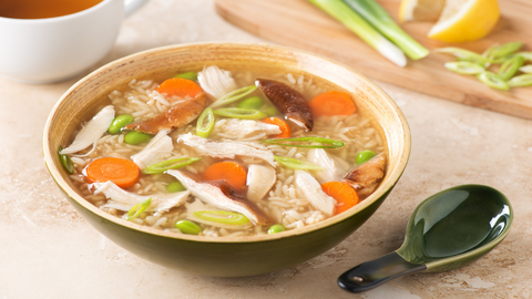 Beautiful food photography: bowl of comforting chicken soup. Recipe made using Tetley Pure Green tea.
