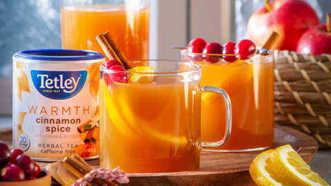 Beautiful food photography: two mugs filled with warm spiced wider, garnished with a cinnamon stick and cranberries. Recipe made using Tetley Warmth tea. 