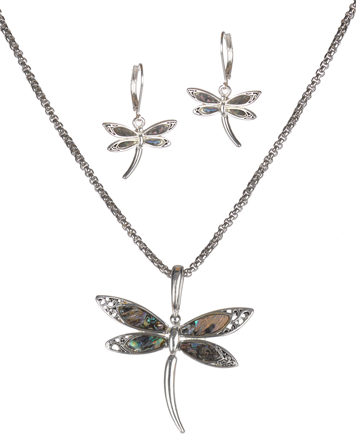 Green Abalone Dragonfly with Filigree Pattern in a Silver-tone