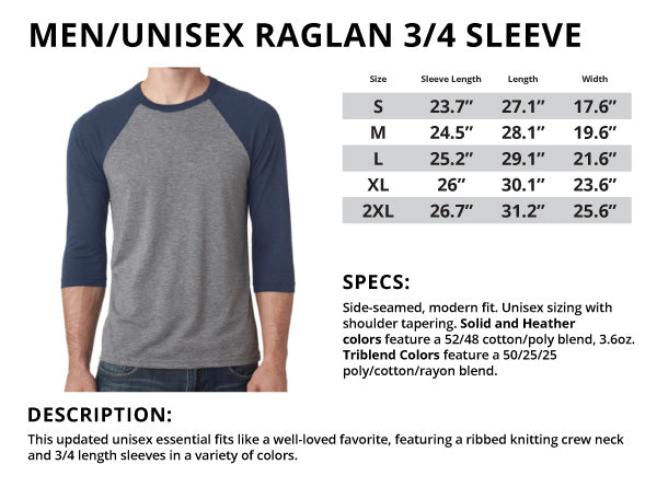 Men/Unisex Raglan 3/4 Sleeve Sizing Chart