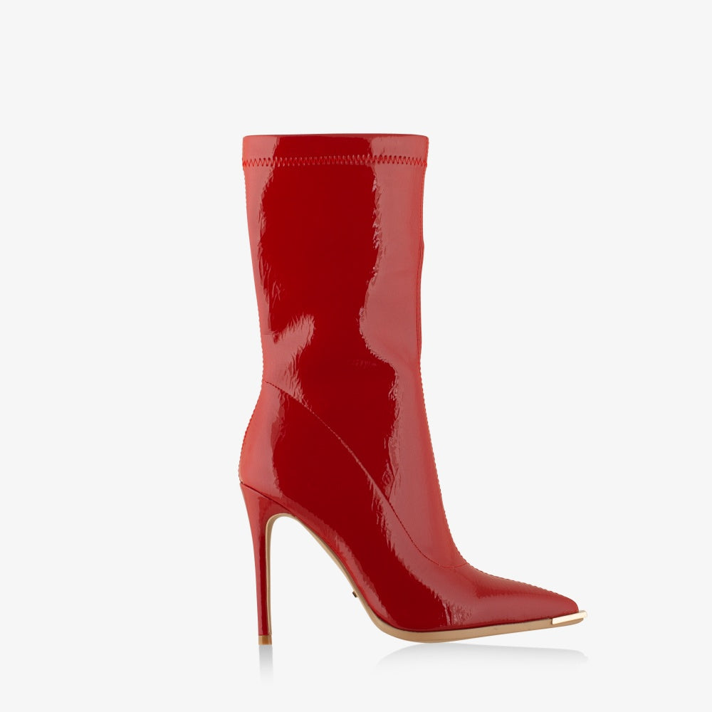 red ankle high heel boots