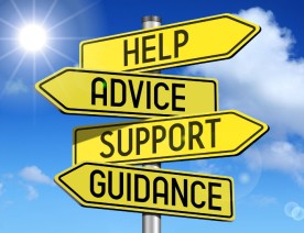 help, support, advice, guidance yellow signs with blue background and clouds in the sky