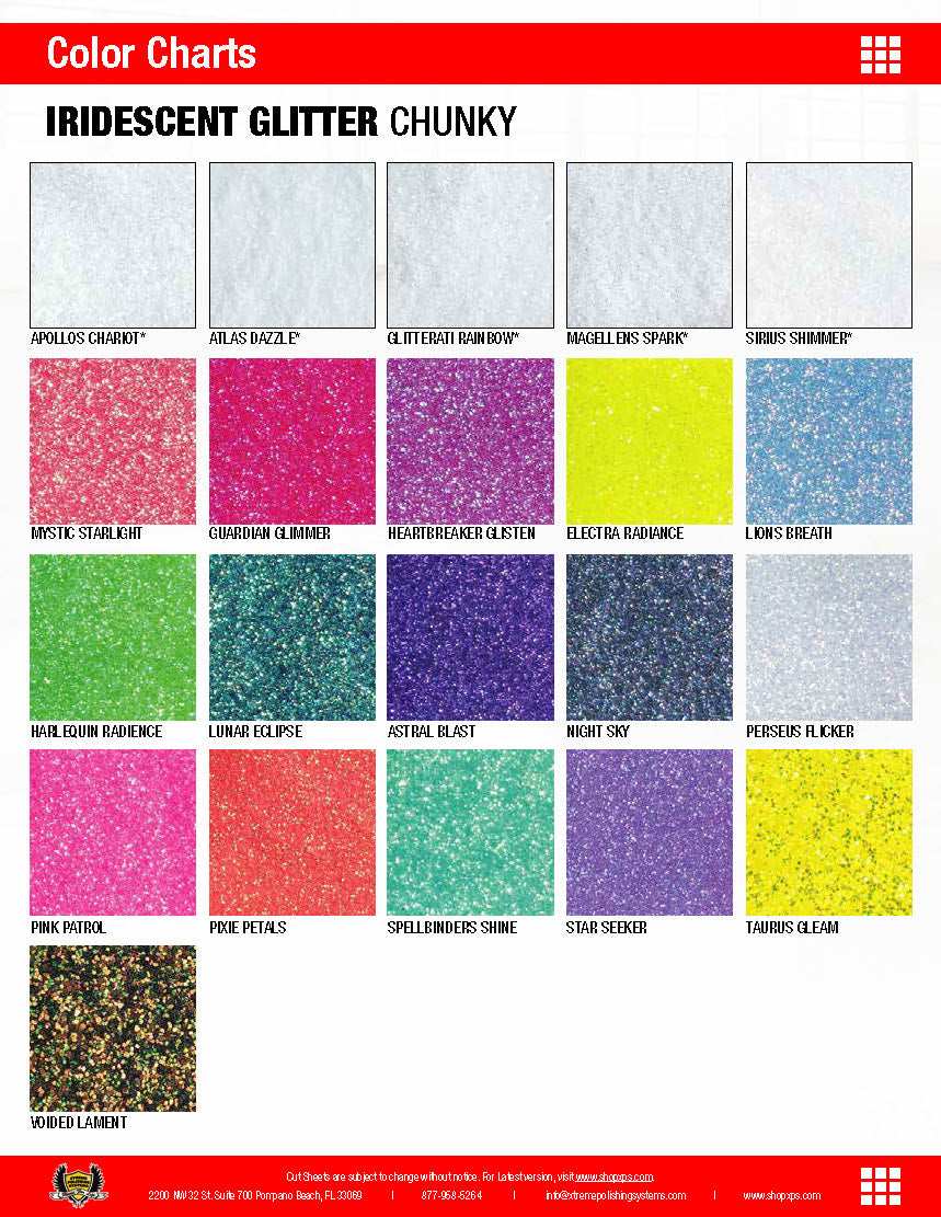 XPS Iridescent Glitter Chunky Color Chart with color pigments swatches and name