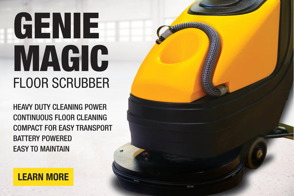 A promotional banner for the Walk-Behind Genie Magic Auto Floor Scrubber by Xtreme Polishing Systems.