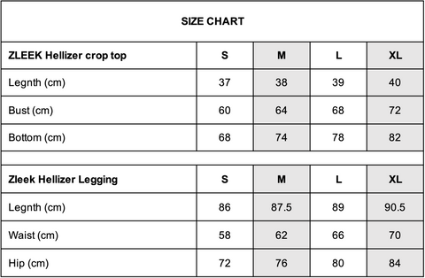 zleek hellizer crop top and legging size guide