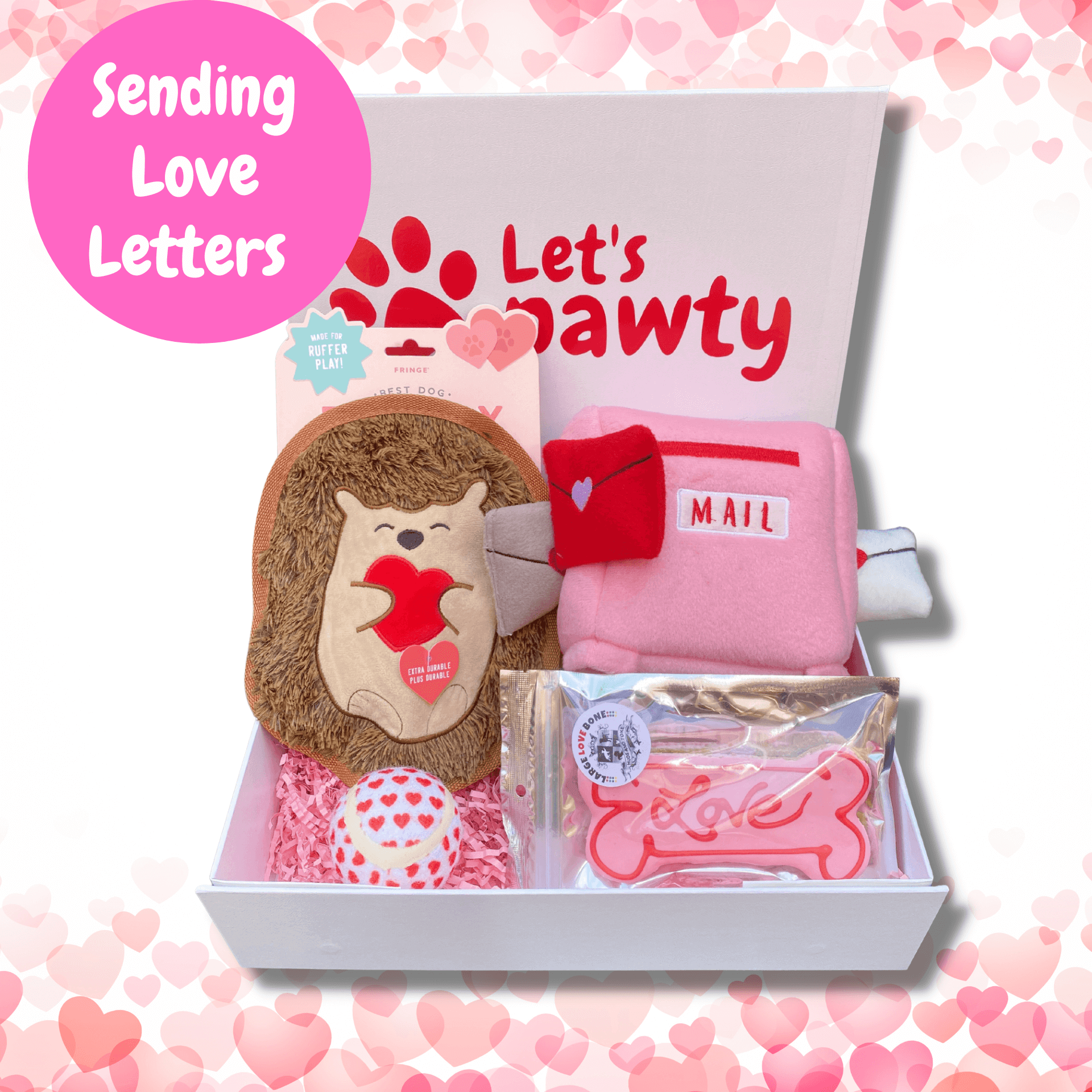 Valentine themed dog gift box with dog toys, dog treats and tennis ball, let's pawty