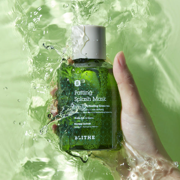 A captivating visual of the Blithe Patting Splash Mask in the Green Tea variant, emphasizing its luxurious packaging and the refreshing, revitalizing essence it brings to a swift and transformative 15-second skincare routine.