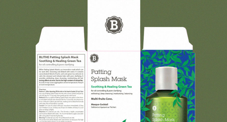 Label detail of Blithe Patting Splash Mask Soothing and Healing Green Tea, emphasizing the importance of examining skincare product ingredients for optimal skin health.