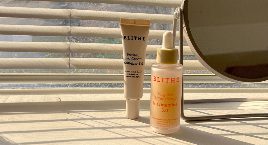 Blithe Targeted Blemish Serum with Niacinamide 5% and Blithe Pressed Eye Cream with Caffeine 1.0% displayed side by side, showcasing the packaging and highlighting their key active ingredients for skin health.