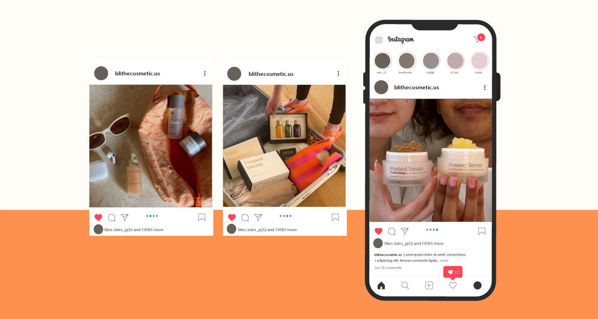 An array of customer snapshots artfully arranged into a collage, displaying Blithe products in an assortment of personalized and engaging contexts, highlighting the brand's diverse and enthusiastic user base.