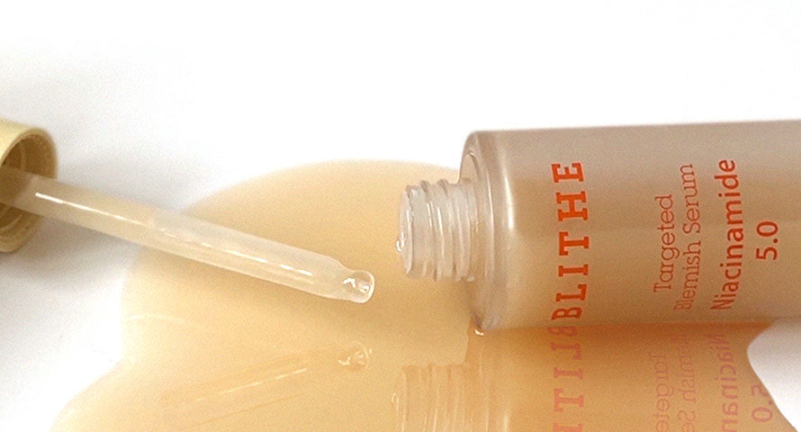 Close-up of Blithe's Targeted Blemish Serum Niacinamide 5, a perfect winter skincare solution for addressing redness and hyperpigmentation.