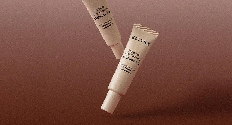 Blithe Pressed Eye Cream Caffeine 1.0 featured in a new setting, emphasizing its luxurious packaging and skincare texture.