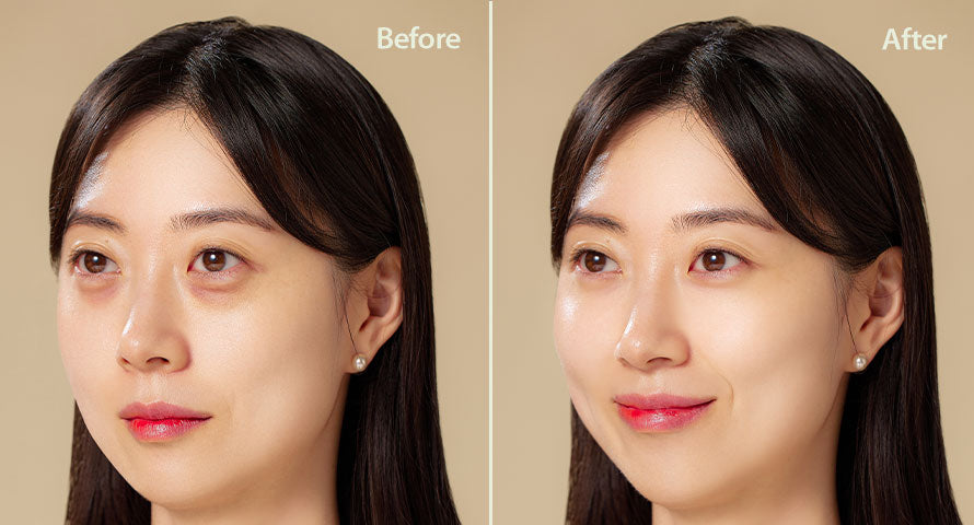 Before and after images of a woman's under-eye area, demonstrating visible improvement in reducing eye bags and puffiness after using Blithe Eye Cream.