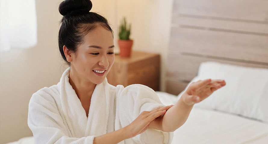 Woman in a bathrobe applying lotion, depicting a daily skincare routine aligned with 2023's trending beauty practices.