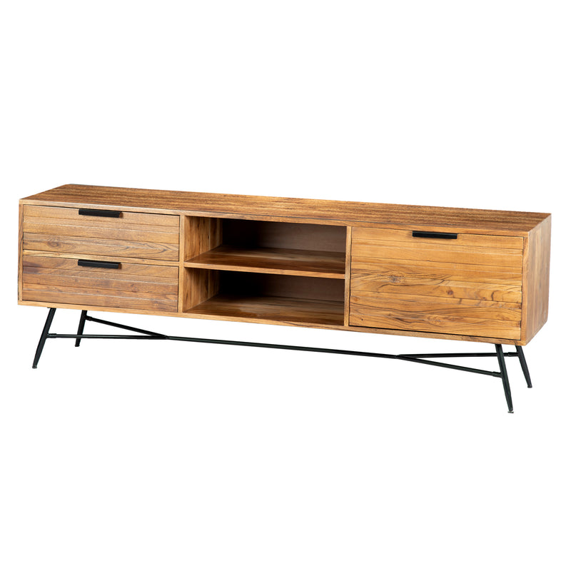 Roomy Wooden Media Console with Slanted Metal Base, Brown and Black - Dynasty Rush
