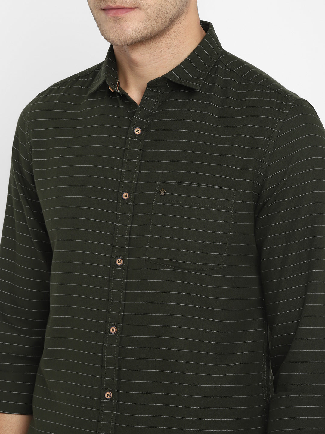 Turtle Men Olive Striped Cotton Slim Fit Shirts